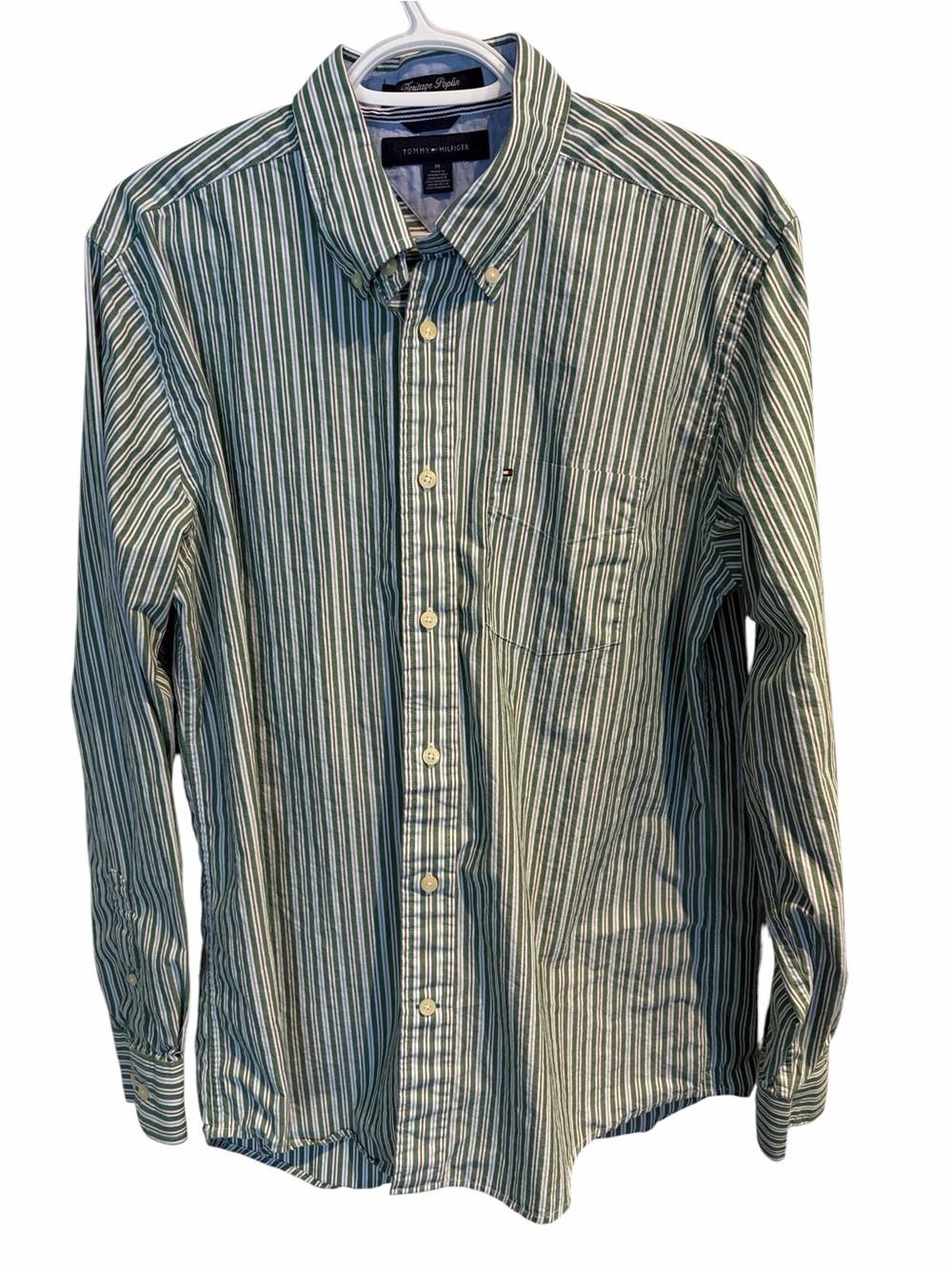 Tommy Hilfiger Green and White Vertical Stripe Button-Down Shirt